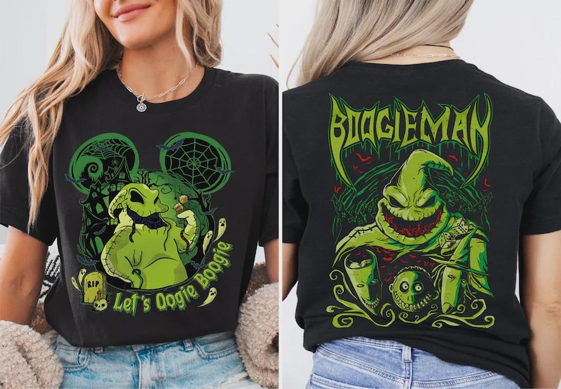 Puede incluir: Camiseta negra con un dise&ntilde;o verde de Oogie Boogie y el texto "Let's Oogie Boogie" en la parte delantera. La parte trasera de la camiseta muestra un gr&aacute;fico verde de "Boogieman". El dise&ntilde;o es de estilo caricatura.