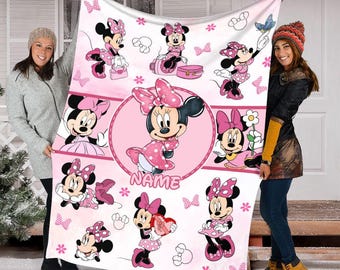 Custom Name Disney Minnie Vintage Blanket, Minnie Girl Disney Fleece Blanket, Classic Minnie Ultra-Soft Micro Fleece Blanket Kids Gift