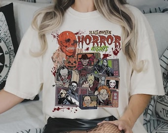 Camiseta de Halloween con personajes de películas de terror, camiseta de Universal Studios, camiseta de temporada espeluznante, camiseta a juego con personajes de terror