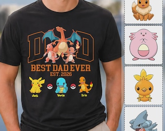 Camiseta PokeDad "El Mejor Papá del Mundo", Camiseta Pokémon para Papá con Nombre Personalizado de los Niños, Regalo de Camiseta Pokémon para Papá, Regalo PokeDad para el Abuelo
