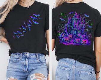 Shirt Halloween vleermuizen, shirt Halloween spookhuis, retro shirt vleermuizen Halloween, shirt vliegende vleermuizen, Halloween Trick or Treat kostuum cadeau