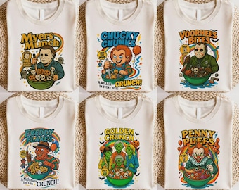 Halloween Shirt Scary Movie Characters, Funny Horror Movie Characters Breakfast Shirt, Charm Zombie Tee Spooky Crunch, Halloween Matching