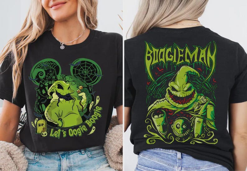 Puede incluir: Camiseta negra con un dise&ntilde;o verde de Oogie Boogie y el texto "Let's Oogie Boogie" en la parte delantera. La parte trasera de la camiseta muestra un gr&aacute;fico verde de "Boogieman". El dise&ntilde;o incluye murci&eacute;lagos y elementos tem&aacute;ticos de Halloween.
