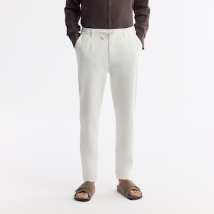 Relaxed Fit Cotton Linen Chino Pants – Elastic Waist, Drawstring, Tapered Leg, Summer Casual Trousers for Men