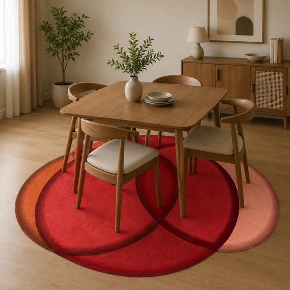 Modern Abstract Area Rug, Red Pink Round Rug, Contemporary Dining Room Carpet, Geometric Living Room Floor Decor