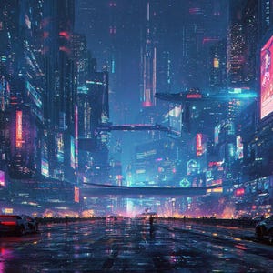 以下が含まれることがあります： 夜の未来都市のイラスト。青、ピンク、オレンジ色のネオンサインで照らされた高層ビルが立ち並ぶ。濡れた道路には2台の車。サイバーパンクやSFの世界観を想起させる。