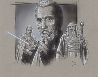 Christopher Lee Tribute illustrazione con Star Wars e caratteri di LOTR