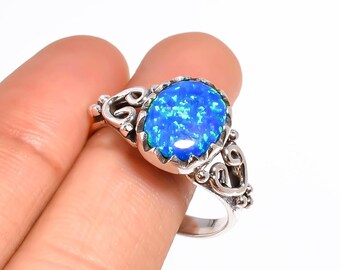 Handmade Blue Opal Ring: 925 Sterling Silver, Boho Statement Jewelry