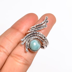 Oxidized 925 Sterling Silver Larimar Ring: Geometric Boho Design