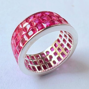 925 Sterling Silver Pink Sapphire Eternity Band Ring - Handmade Gemstone Jewelry
