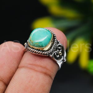 Green Turquoise 925 Sterling Silver with Brass plated Ring: Handmade Boho Jewelry