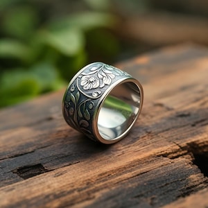 Handcrafted oxidized silver ring Floral Band Ring Boho Vintage Design | Artisan Jewelry| Handmade 925 Sterling  silver ring | engraved ring