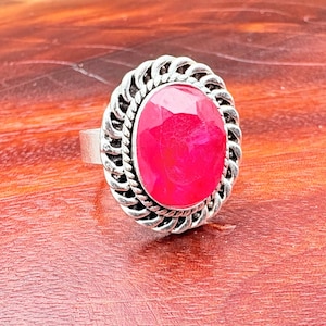 Ruby Ring 925 Sterling Silver, Oxidized Statement Ring,Gemstone, Oval Cabochon, Boho Vintage Jewelry