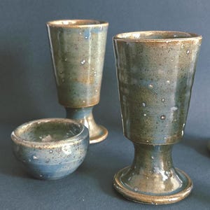 Rustic Studio Pottery Chalices and Pinch Pots, Moss Green Blue Glaze