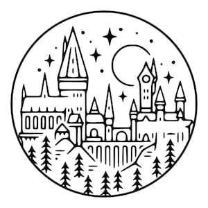 Peut inclure: Illustration en noir et blanc d'un château avec plusieurs tours, entouré d'arbres, d'étoiles et d'un croissant de lune, le tout dans un cercle. Style minimaliste.