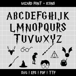 May include: A digital font set titled WIZARD FONT + ICONS featuring the full alphabet in a jagged, lightning-bolt style typeface. Below the letters are black silhouettes of a deer, glasses, a wand, a triangle symbol, a snitch, a broom, a hat, a creature, a boy's head, and a cauldron. File formats include SVG, EPS, PDF, and TTF.