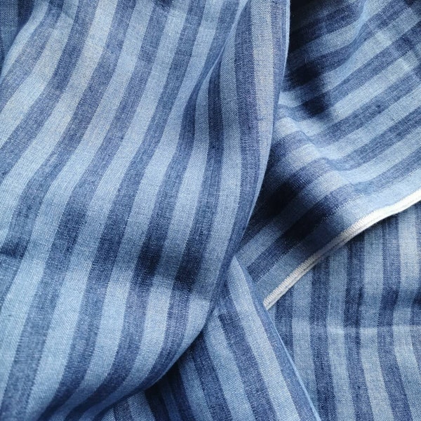 Pure  linen fabric with light blue and blue melange stripes-natural fabric-ecofriendly-soft