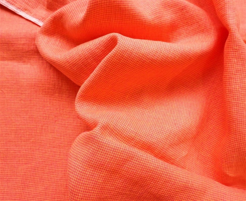 Pure linen fabric with bright HOUNDTOOTH in salmon color--natural fabric--soft--apparel--bright salmon colors