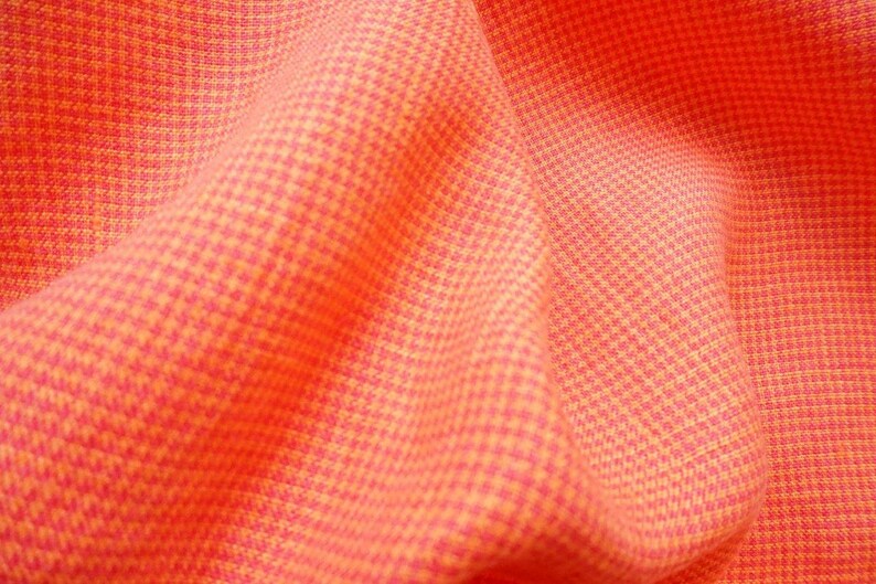 Pure linen fabric with bright HOUNDTOOTH in salmon color--natural fabric--soft--apparel--bright salmon colors