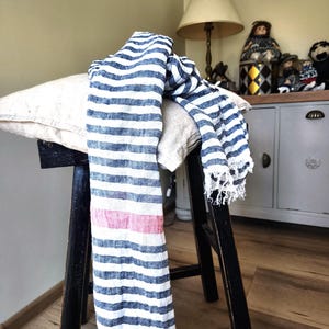 Linen Romantic Scarf  in beauty stripe#blue#l white & red colors#linen
