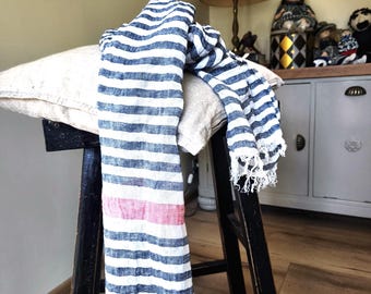 Linen Romantic Scarf  in beauty stripe#blue#l white & red colors#linen