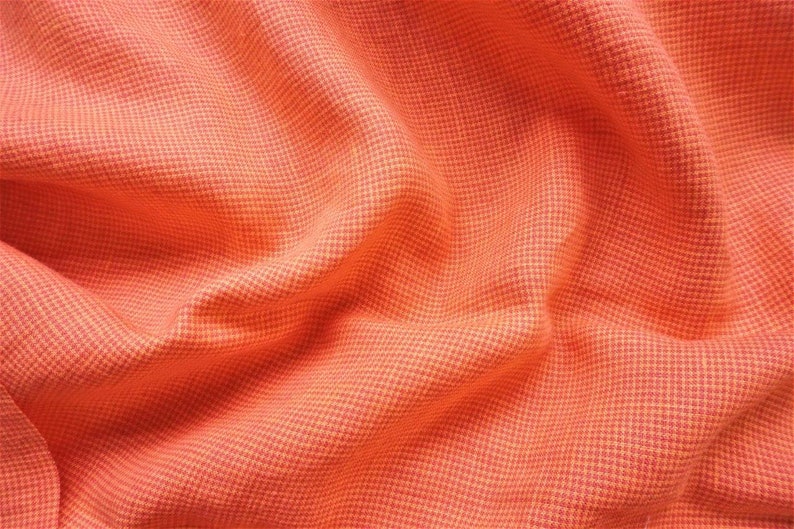 Pure linen fabric with bright HOUNDTOOTH in salmon color--natural fabric--soft--apparel--bright salmon colors
