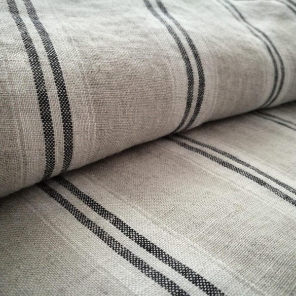 Pure  linen fabric with white and black stripes-natural fabric-ecofriendly-washed