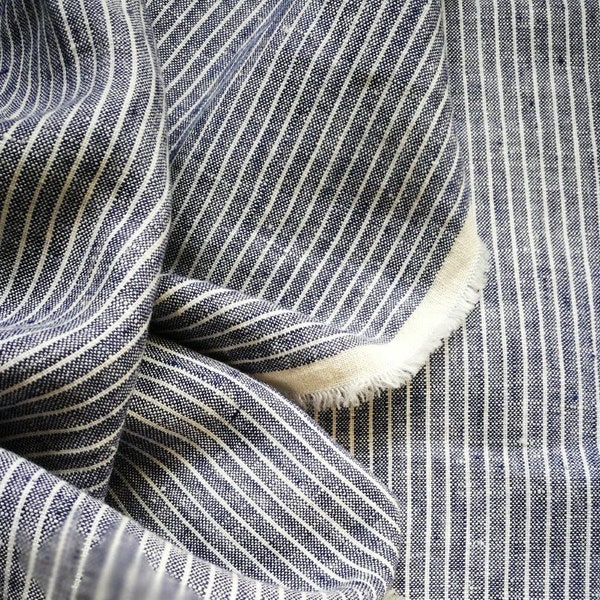 Linen fabric  with  white #stripes on blue backgroung-- softening--pure #linen--#natural