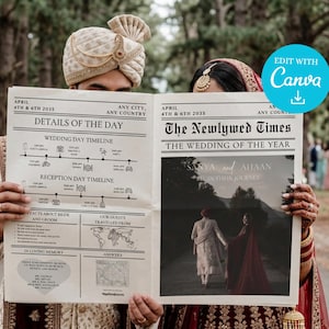May include: A couple holds a newspaper titled "The Newlywed Times" with wedding details. The newspaper features a timeline, map, and a photo of the couple. The image includes the text "Edit with Canva".