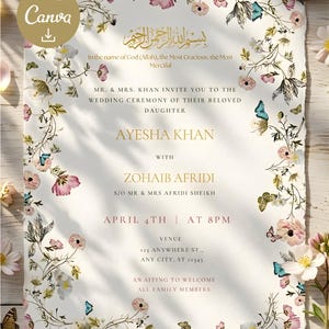 May include: Wedding invitation featuring floral and butterfly accents. The invitation text includes the names Ayesha Khan and Zohaib Afridi, along with the date April 4th at 8 PM. The design incorporates a Canva logo.