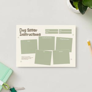 Puede incluir: Una hoja crema con instrucciones para el cuidador de perros con casillas verdes para rellenar detalles. El texto incluye espacios para el nombre del perro, el veterinario y las instrucciones de alimentación. También se ven un cuaderno verde y un lápiz.