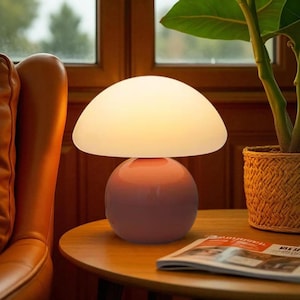 May include: A stylish mushroom-shaped table lamp with a white lampshade and a reddish-pink base. The lamp is on a wooden table, with a plant in a woven basket and a magazine nearby.