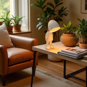 May include: A white, whimsical desk lamp in the shape of a person stands on a light wood table. The lamp has a rounded head and a body with two legs. The lamp is turned on, illuminating the table. A brown leather armchair is in the background.