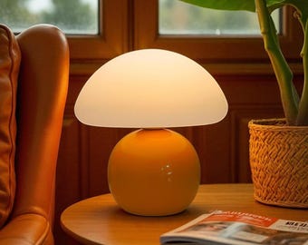 Orange Mushroom Table Lamp – Retro Modern Bedside Light, Mid Century Nightstand Lamp for Bedroom, Living Room, Office & Cozy Home Decor