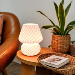 Striped Mushroom Glass Lamp – Rechargeable LED Table Light for Bedroom, Desk or Nightstand | Retro Modern Accent Lighting with Soft Glow