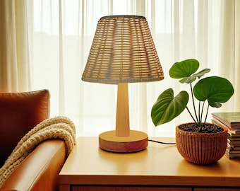 Lámpara de mesa bohemia de ratán - Pantalla de mimbre - Base de madera - Lámpara de mesita de noche - Decoración natural - Lámpara de lectura acogedora - Lámpara de salón