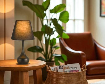 Printable photo of Modern Black Table Lamp – Light for Bedroom or Living Room – Minimalist Nightstand Light with Elegant Fabric Lampshade