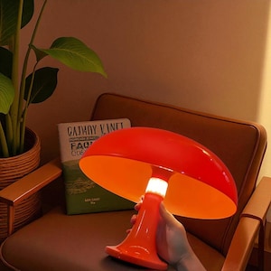 May include: A vibrant orange mushroom-shaped lamp with a bright orange interior. The lamp has a wide, rounded shade and a flared base. The lamp is held in a person's hand. A book with the title "CATHY VINET" is visible in the background.