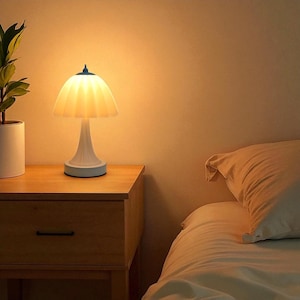 May include: A white bedside lamp with a mushroom-shaped shade, emitting a warm, soft glow. The lamp sits on a wooden nightstand next to a bed with a cream-colored comforter. A potted plant is visible on the left.