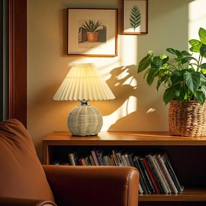 Könnte beinhalten: Eine dekorative Tischlampe mit einem gewebten Sockel und einem plissierten Lampenschirm. Die Lampe steht auf einem Holzregal mit Büchern und neben einer Topfpflanze. Zwei gerahmte botanische Drucke hängen an der Wand.