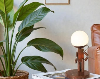 Wooden Figure Table Lamp, Handmade Minimalist Night Light, Modern Scandinavian Decor, Warm Ambient Bedside Desk Lamp Gift
