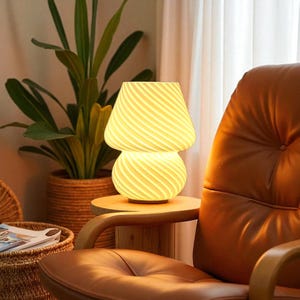 Cream Striped Mushroom Lamp – Retro Glass LED Table Light | Rechargeable Minimalist Lighting for Bedroom, Desk, or Cozy Living Room