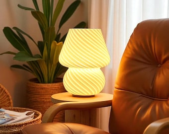 Cream Striped Mushroom Table Lamp – Rechargeable Retro Glass LED Light, Minimalist Desk or Bedroom Accent Lamp