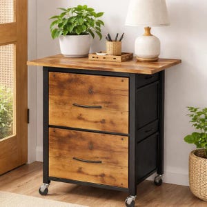 Peut inclure: Un meuble de classement à deux tiroirs en bois avec une structure en métal noir et un dessus en bois. Le meuble a une finition en bois vieilli et repose sur des roulettes. Une lampe, une plante et des accessoires de bureau sont sur le dessus.