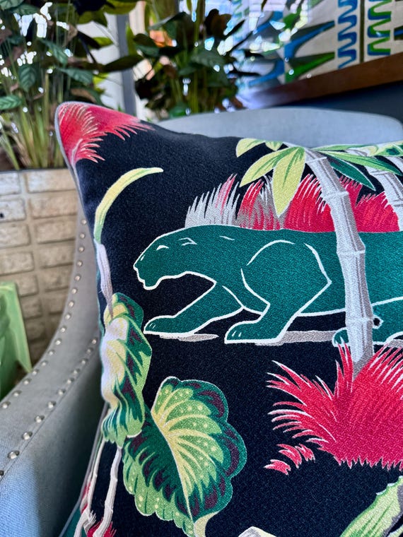 Panther & Palms Swank Miami Beach Art Deco Mid Century Barkcloth Fabric PILLOW