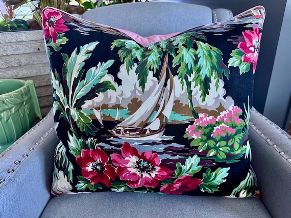 Regatta Island Life SAILBOATS 1930's Mid Century Barkcloth Era Vintage Fabric PILLOW