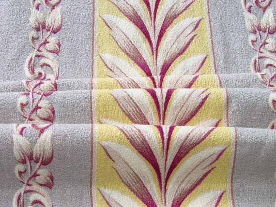Last One! Acanthus Leaf Banana Cream Deco Stripe Barkcloth Vintage Fabric 1930's Drape Panel for Pillows Home Decor
