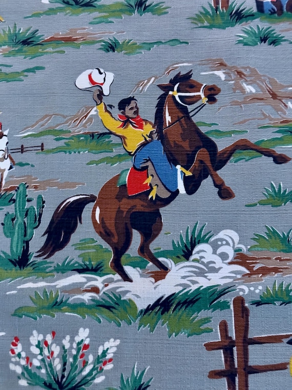 Rodeo Life Southwest 1940's Barkcloth Western Cowboy Barkcloth Fabric 5YDS Avail.