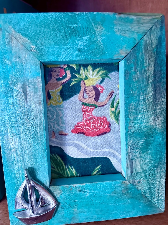 Sailboat of the Sea Hula Hula Hawaiiana Custom Framed Novelty Vintage Fabric Art