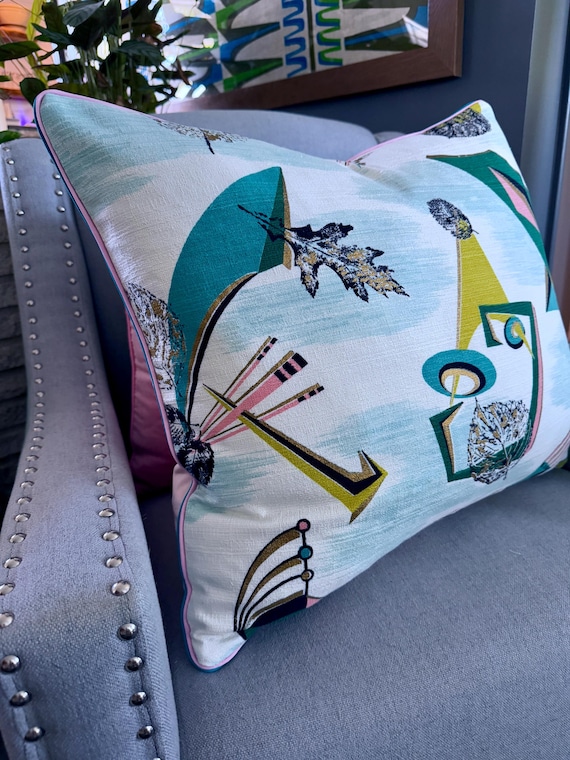 Biomorphic Space Age 50's Glammy Miami Beach Mid Century Atomic Barkcloth Fabric Vintage Pillow